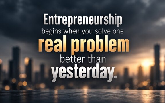 Entrepreneurship quote poster with bold white and gold lettering above a moody city skyline, celebrating real-world problem solving and daily improvement.