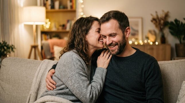 Loving Woman Whispering Affectionately to Smiling Husband While Cuddling Together on Cozy Living Room Sofa