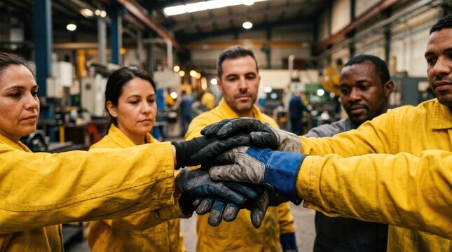 Diverse Industrial Factory Workers Stacking Gloved Hands Together Demonstrating Teamwork Unity and Cooperation in Manufacturing Workplace