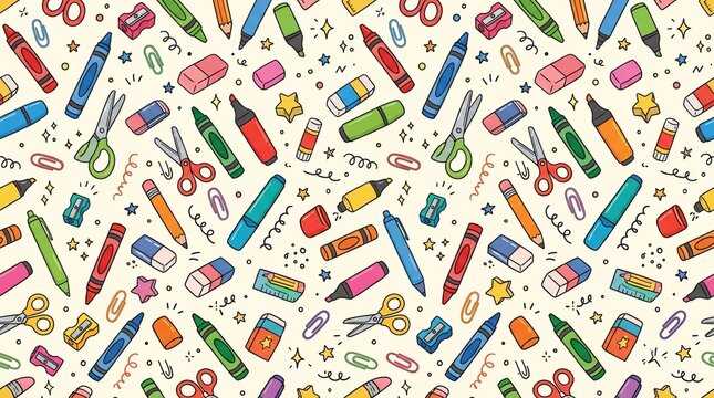 Seamless pattern with colorful school supplies and stationery items