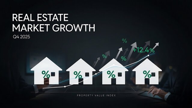 Real estate market growth concept with house icons, financial growth chart arrows, and property value index text 