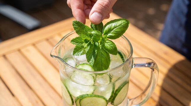 Hand placing fresh mint leaves into a glass pitcher of cucumber