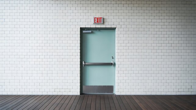 Emergency exit door with a red illuminated exit sign above on a white brick wall background