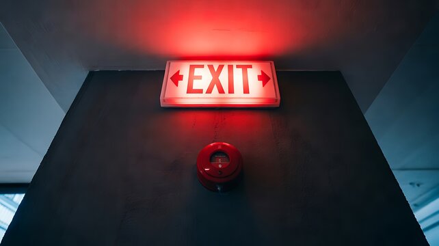 Illuminated red exit sign with arrows and fire alarm bell mounted on a dark wall inside a building