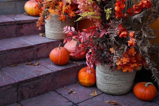Eco-friendly autumn porch decor: orange pumpkins on stone steps and fall foliage in jute-woven planters. Natural house entrance styling with organic materials for Thanksgiving and Halloween.