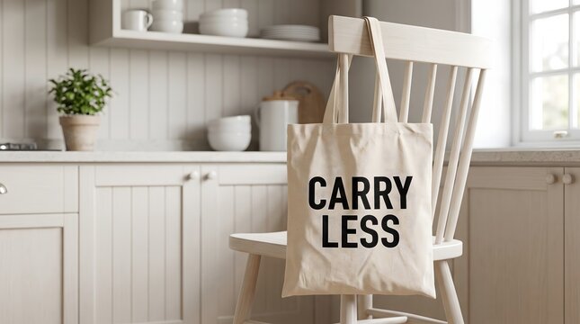 Canvas tote bag with Carry Less text hanging on wooden chair in bright minimalist kitchen interior for sustainable lifestyle concept