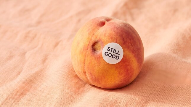 Bruised ripe peach with still good sticker on textured cloth background representing zero food waste and imperfect produce concept