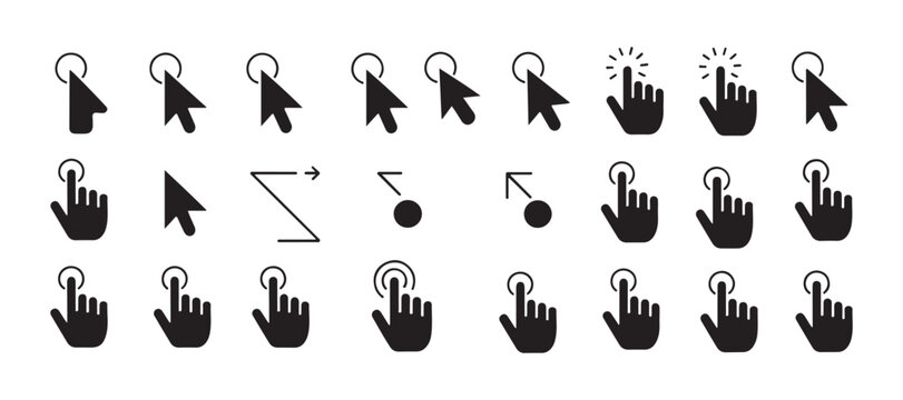 Set of computer mouse cursors and hand click icons for web and mobile interface.