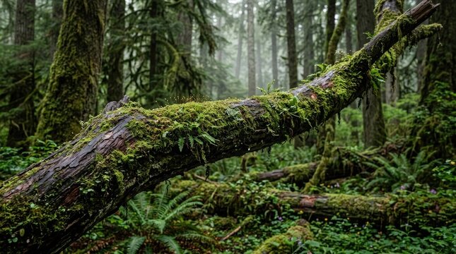 A vibrant view inside a lush temperate rainforest with a large fallen tree completely covered in green moss and delicate ferns in soft light