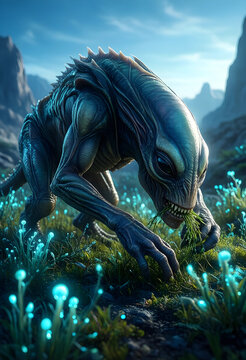 Extraterrestrial life and alien biology, creature foraging in bioluminescent flora on an alien planet with mountains in the background