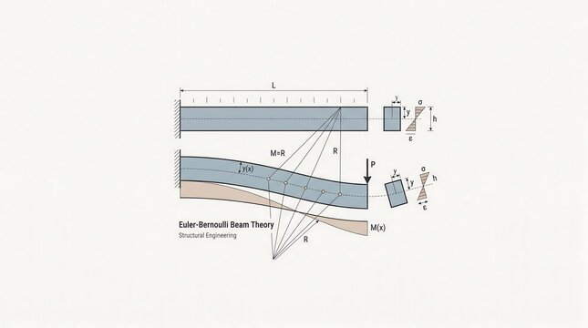 Euler Bernoulli beam theory diagram showing structural bending moment curvature and stress distribution