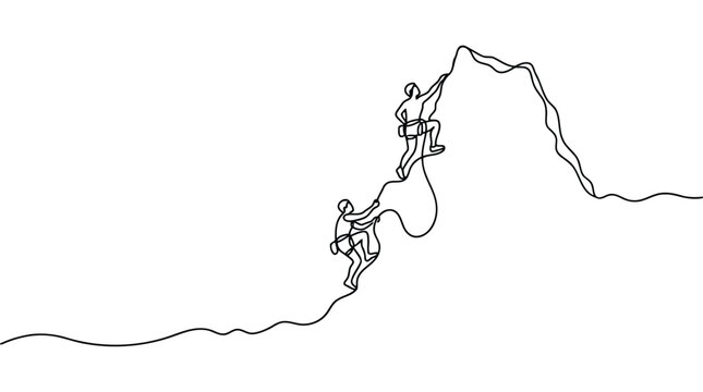 Continuous one line drawing of two mountaineers climbing a steep rock mountain adventure climbers on cliff