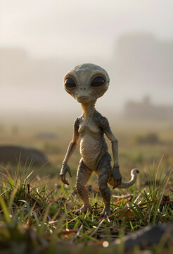 extraterrestrial life and science fiction concept, small alien creature standing in a grassy field at sunrise with soft atmospheric morning fog