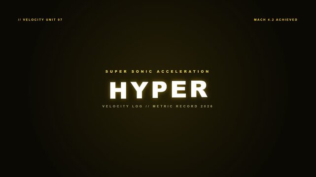 Futuristic digital display screen featuring glowing yellow supersonic acceleration typography against dark minimalist background
