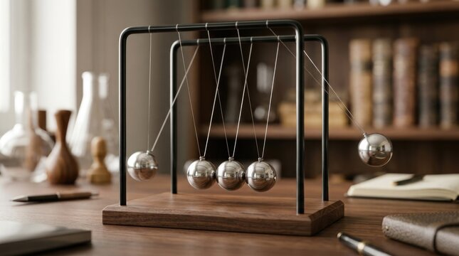 Newton Cradle with Polished Metal Balls Swinging on Wooden Desk Demonstrating Physics and Conservation of Momentum