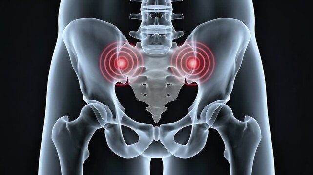 3D medical animation of a human pelvis with red pulsating glows highlighting sacroiliac joint pain and inflammation