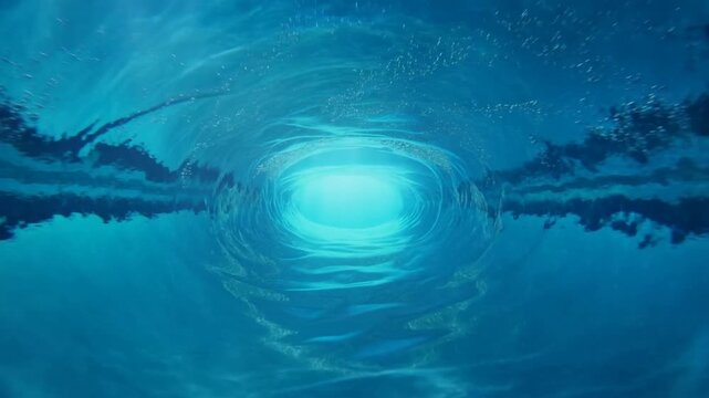 Ocean wave curls into a hollow barrel with bubbles swirling through blue water