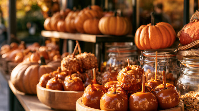 Caramel apples and pumpkins displayed at a seasonal market. Autumn harvest foods and fall produce. Halloween treats and festive sweets. Rustic farm market shopping