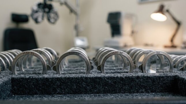 Close Up of Ophthalmic Trial Lenses Arranged in Rows for Professional Eye Examination in Modern Optometry Clinic