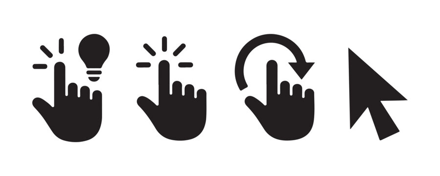 Interactive hand gesture icon set including lightbulb idea and rotation arrow for digital navigation.