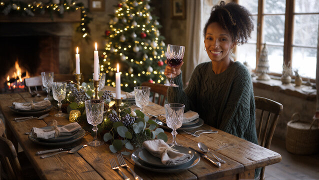 Happy woman toasting with red wine at a christmas dinner table. Cozy holiday celebration.