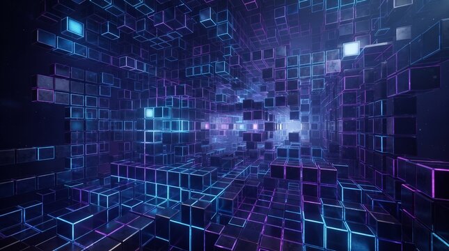 Abstract 3D glowing neon digital cube tunnel matrix tech background