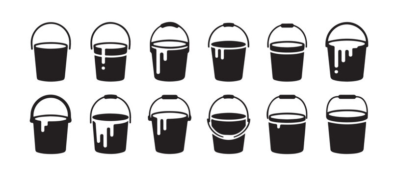 Paint bucket vector icon set, various styles of filled and spilled paint containers.