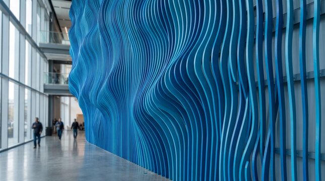 Modern office building interior with blue wavy architectural wall panel
