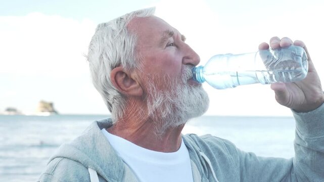 Senior man drinking water from bottle on beach, grey bearded man in grey hoodie quenching thirst after workout by sea, Montenegro. Hydration and healthy habits concept, close up