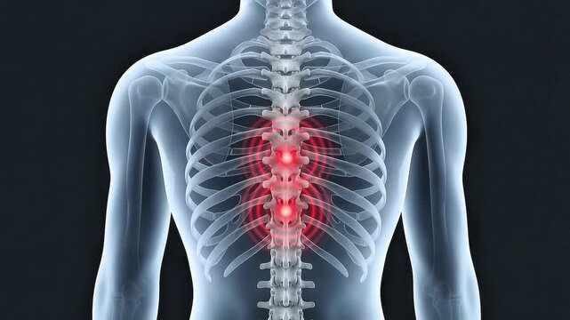 3D medical animation of a human skeleton showing red glowing pain points on the thoracic spine vertebrae