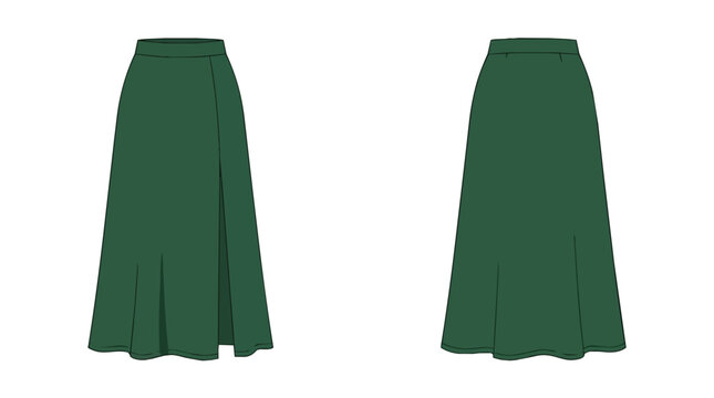 Women's Dark Green High Waisted Wrap Maxi Skirt Technical Sketch Template with Side Slit Front and Back View