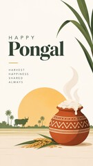 Obraz na płótnie Canvas Pongal Poster with harvest pot sugarcane and orange sun in a Vertical Greeting Design