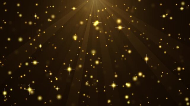 Golden glittering particles falling from top light source with shining stars and sunburst rays on dark brown background for luxury celebration event clip.