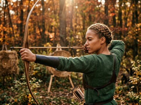 Forest Archer Practicing Bow Aim in Autumn Woodland