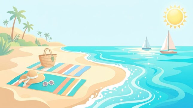 Tropical Summer Beach Illustration with Colorful Towels Sun Hat Sunglasses Palm Trees and Sailboats