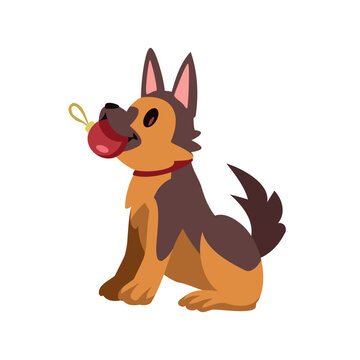 Cute Christmas German Shepherd dog holding ornament bauble vector clipart