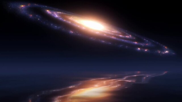 Spiral galaxy glows above a luminous mirrored reflection against dark space