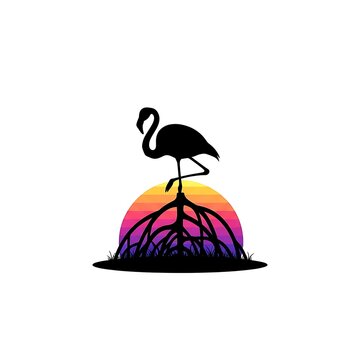 Flamingo silhouette standing on mangrove roots at sunset
