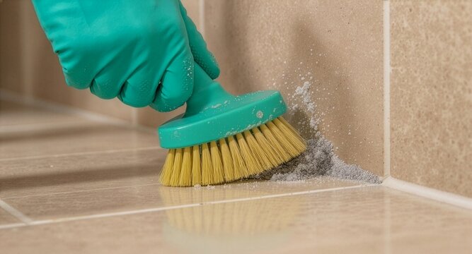 Gloved hand scrubbing dirty bathroom corner tiles with a brush and cleaning powder. Concept of removing mold, black grout stains, deep cleaning maintenance, home hygiene and professional service.