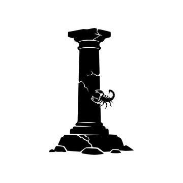 Scorpion climbs a cracked ancient stone pillar silhouette