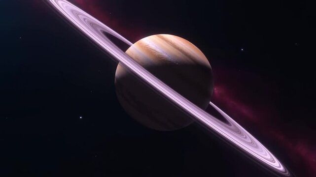 Ringed gas giant framed by a nebula and starfield, broad rings spanning its shadowed globe