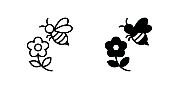 Bee and flower icons in outline and silhouette for nature.