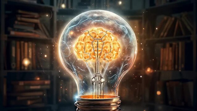 Glowing human brain inside light bulb in library. Scientific concept for creative thinking, intelligence, innovation, knowledge and cognitive science development.