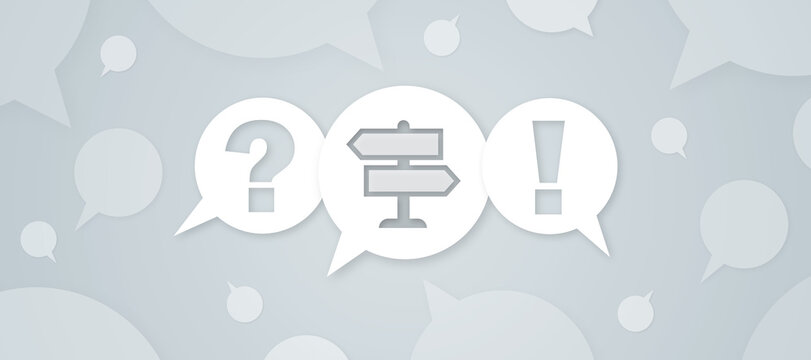 Digital graphic banner for a webpage FAQ section featuring white chat bubble icons with a question mark, direction signpost, and exclamation mark symbols.