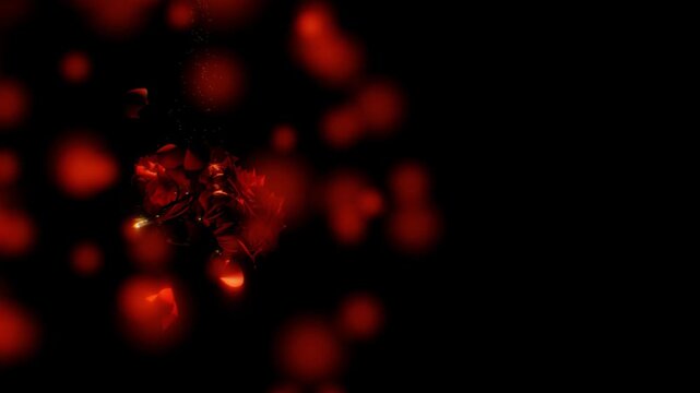 Crystalline red flower cluster floats with falling petals on the side leaving copy space against a dark 3D motion background