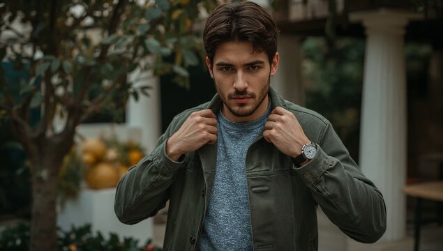 A man wearing a green jacket and a blue shirt, possibly for outdoor or casual activities
