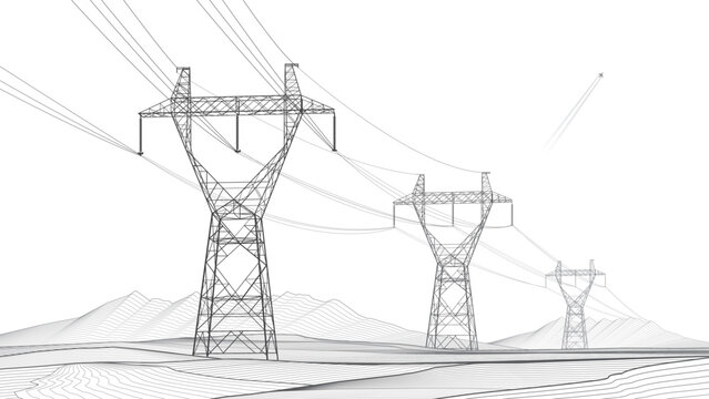 High voltage electricity transmission towers with power lines stretching across a mountainous landscape. Black and white vector illustration in detailed wireframe line art style. Energy infrastructure