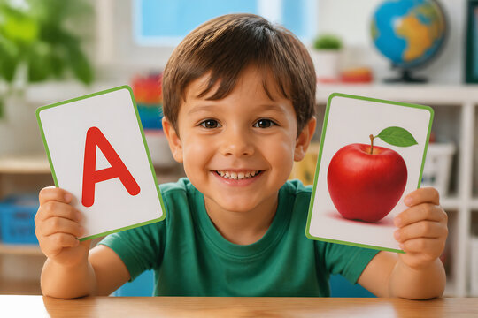 A young boy is happily holding up flashcards with the letter A and an apple in a bright indoor setting.