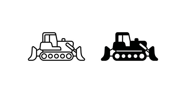 Bulldozer line and solid icon set for construction projects.