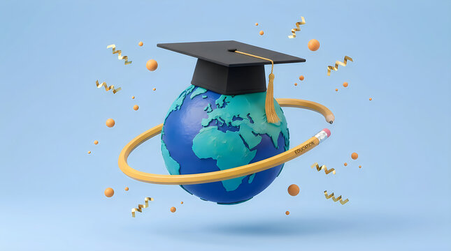 Graduation cap on a globe with a pencil orbiting like a ring surrounded by floating confetti pieces